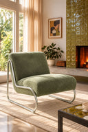 HELIO - Fauteuil en tissu chenille vert sauge et pieds en métal