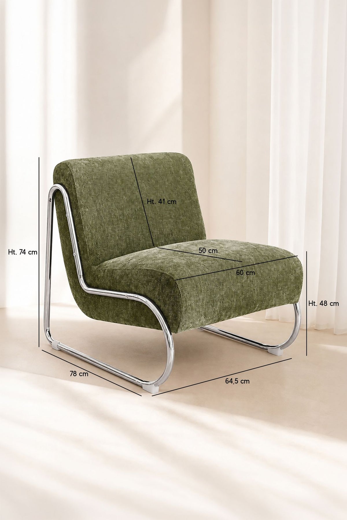 Dimensions HELIO - Fauteuil en tissu chenille vert sauge et pieds en métal