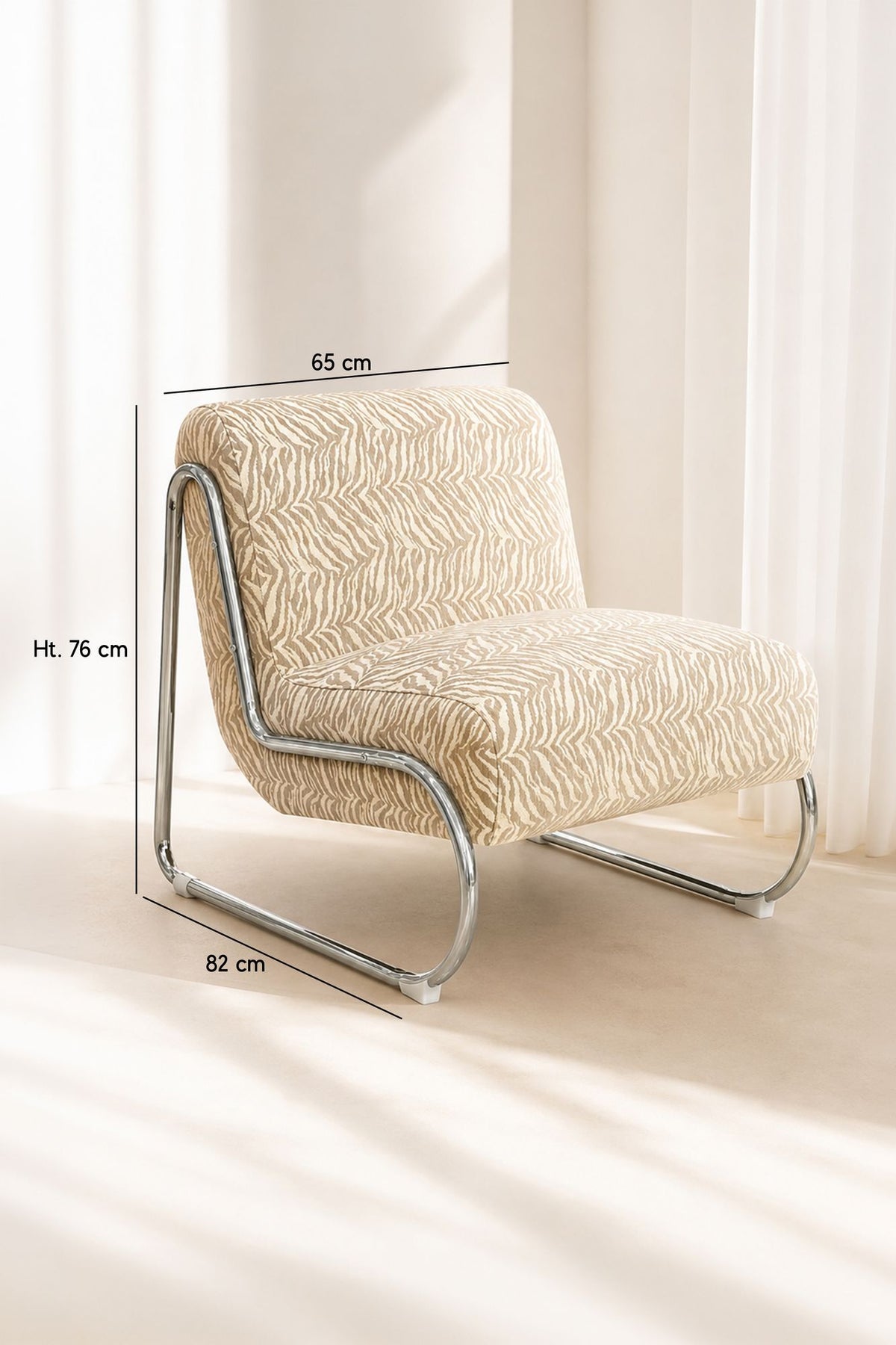 Dimensions HELIO - Fauteuil en tissu chenille tigré beige et pieds en métal