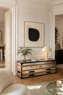 Iliade - Commode basse 1 coffre 2 tiroirs en acier inoxydable et cuir