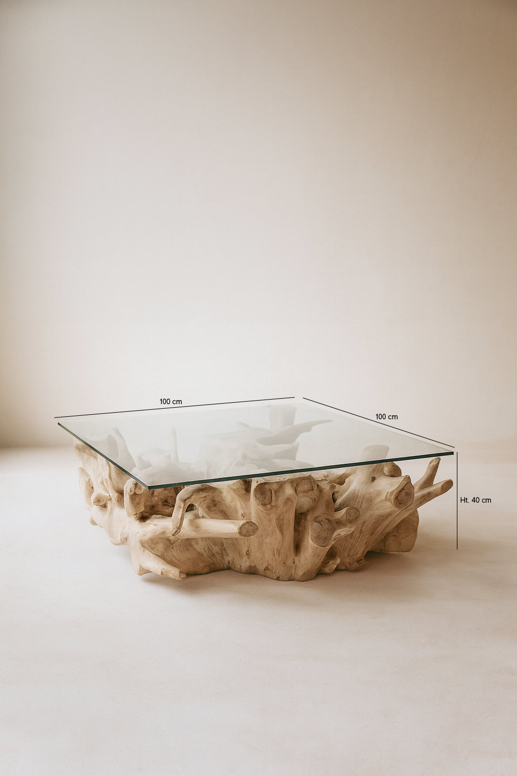 Dimensions Sarannah - Table basse carré en racine de teck et plateau en verre
