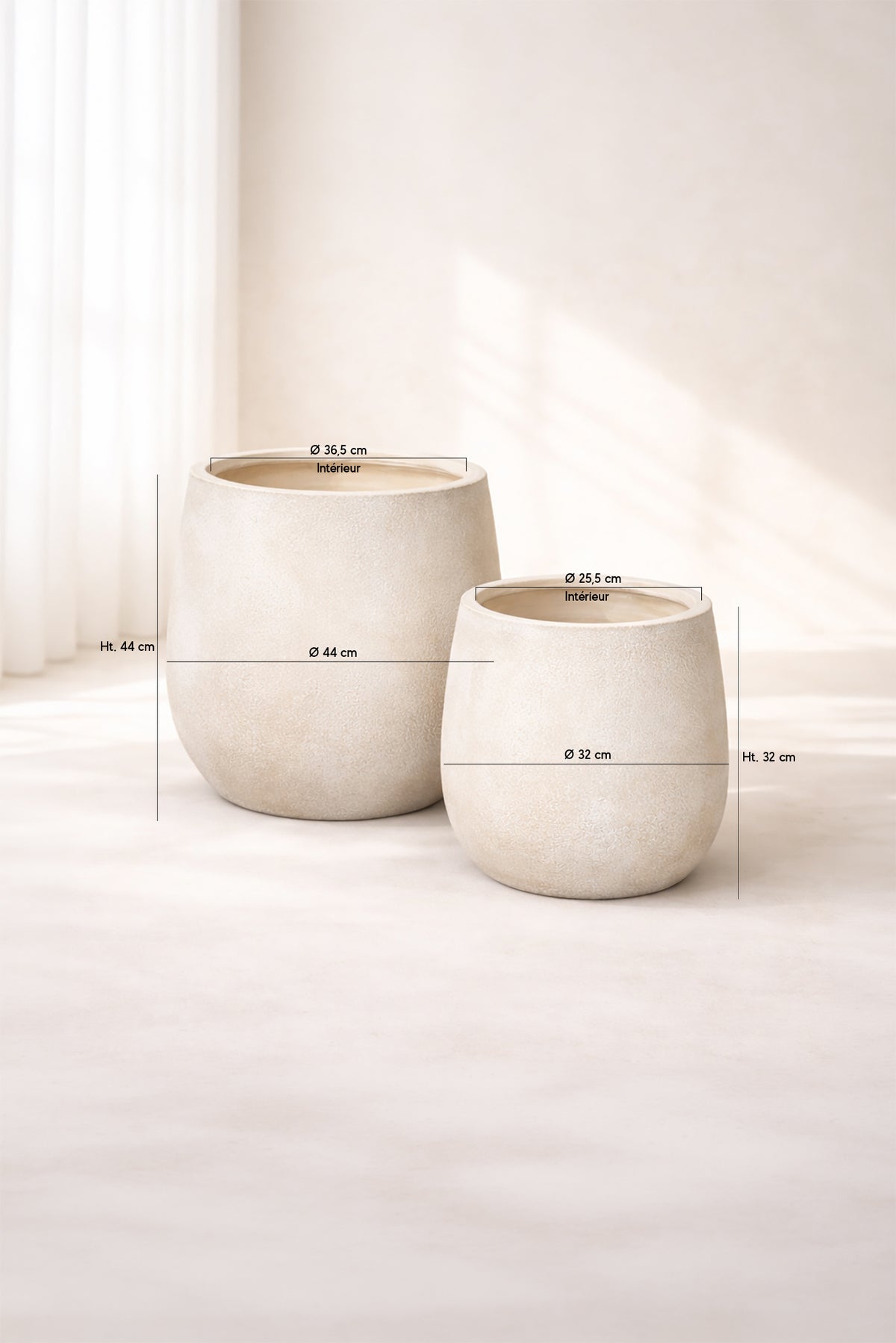 Dimensions Set de 2 pots ronds Lagos en terre d'argile 32/44 cm