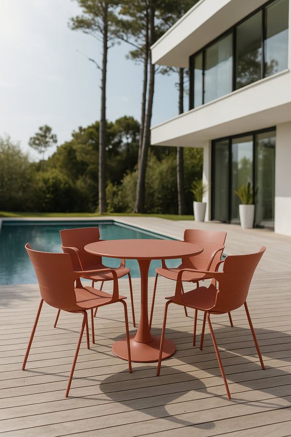 Montauk -  Ensemble table et 4 fauteuils de table extérieur en polypropylène et métal brique