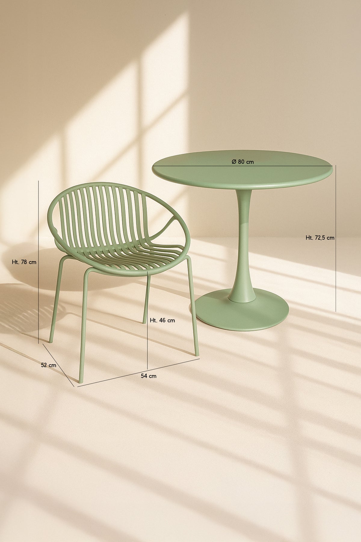 Dimensions Calypso - Ensemble table et 4 fauteuils de table extérieur en polypropylène et métal vert