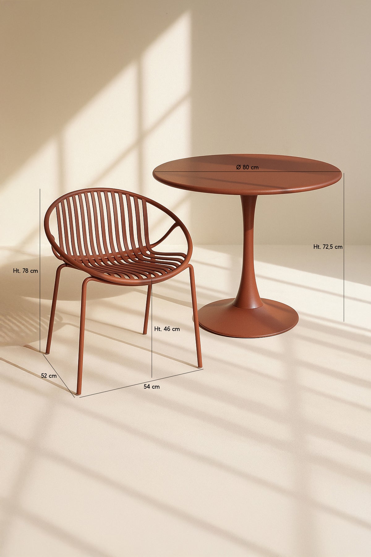 Dimensions Calypso - Ensemble table et 4 fauteuils de table extérieur en polypropylène et métal brique