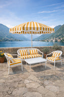 Positano - Salon de jardin en métal et tissu à rayures blanc et jaune bouton d'or avec table basse