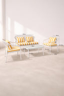 Positano - Salon de jardin en métal et tissu à rayures blanc et jaune bouton d'or avec table basse et parasol