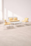 Positano - Salon de jardin en métal et tissu à rayures blanc et jaune bouton d'or avec table basse