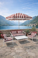 Positano - Salon de jardin en métal et tissu à rayures blanc et rouge coquelicot avec table basse