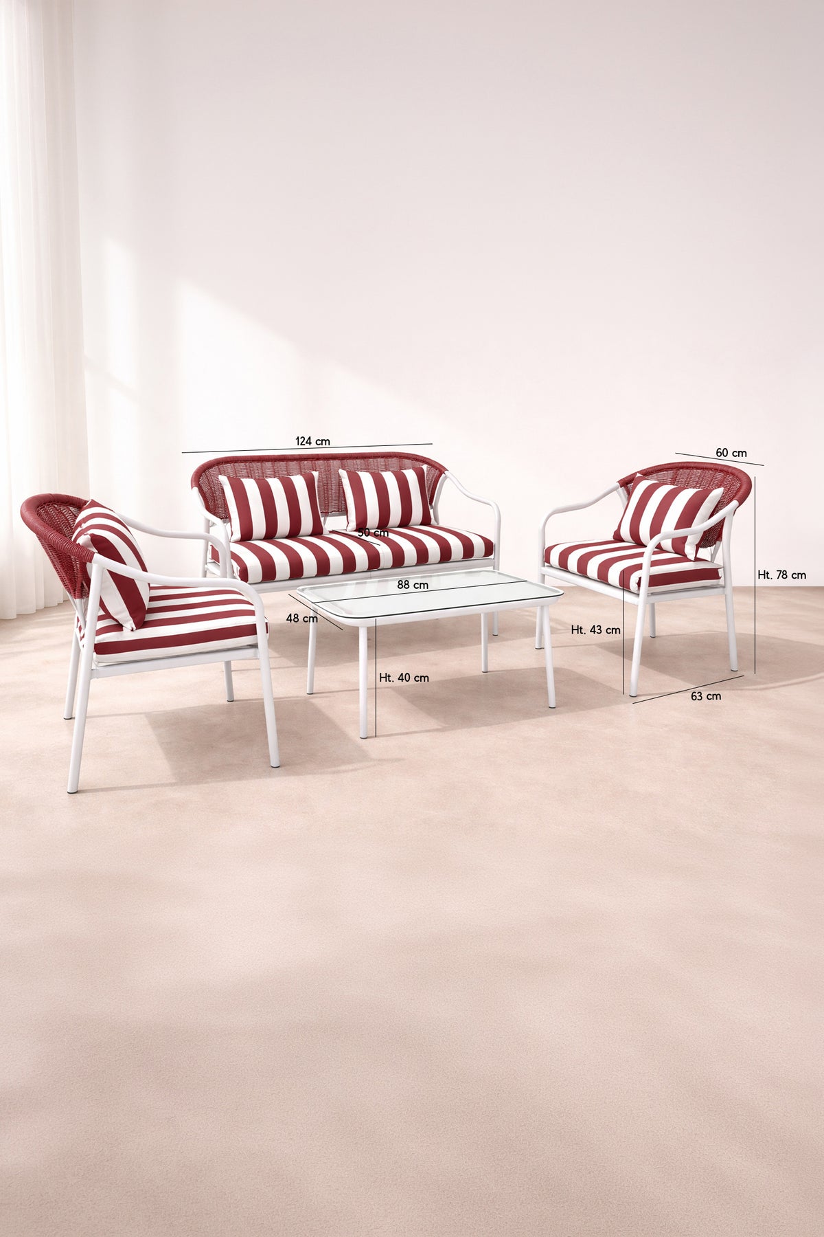 Dimensions Positano - Salon de jardin en métal et tissu à rayures blanc et rouge coquelicot avec table basse