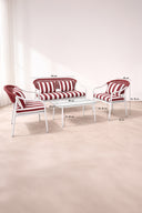 Positano - Salon de jardin en métal et tissu à rayures blanc et rouge coquelicot avec table basse et parasol