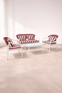 Positano - Salon de jardin en métal et tissu à rayures blanc et rouge coquelicot avec table basse
