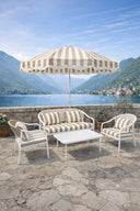Positano - Salon de jardin en métal et tissu à rayures blanc et taupe avec table basse et parasol