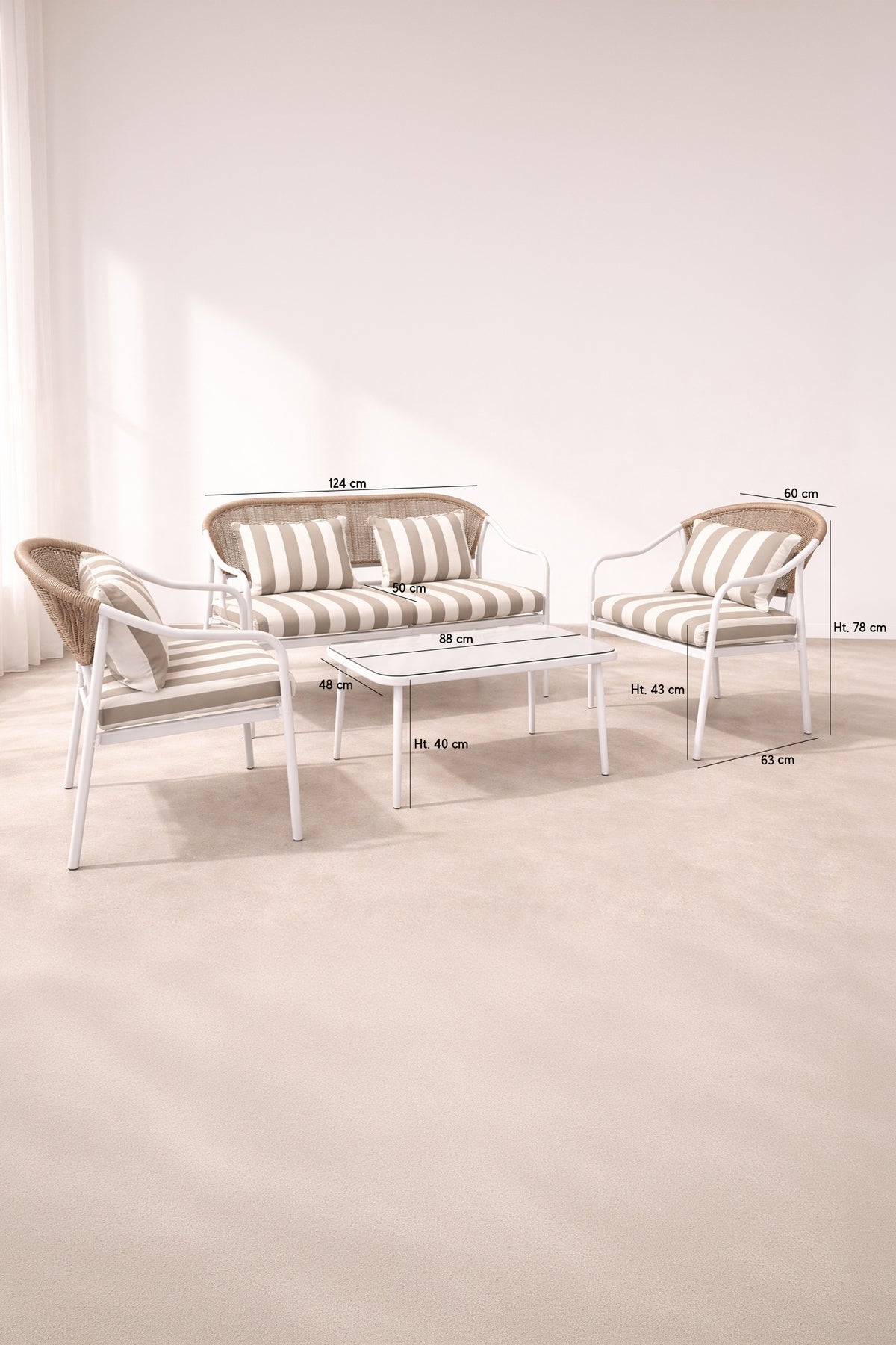 Dimensions Positano - Salon de jardin en métal et tissu à rayures blanc et taupe avec table basse
