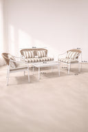 Positano - Salon de jardin en métal et tissu à rayures blanc et taupe avec table basse
