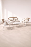 Positano - Salon de jardin en métal et tissu à rayures blanc et taupe avec table basse