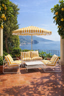 Luigi - Salon de jardin en acier blanc et tissu à rayures blanc et jaune bouton d'or avec table basse
