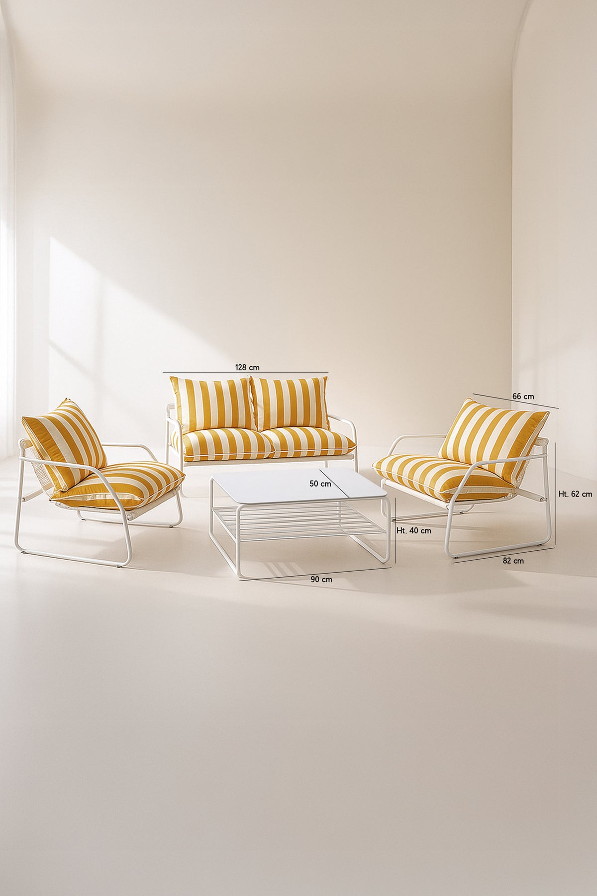 Dimensions Luigi - Salon de jardin en acier blanc et tissu à rayures blanc et jaune bouton d'or avec table basse