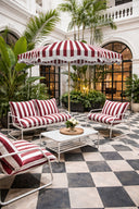 Luigi - Salon de jardin en aluminium blanc et tissu à rayures blanc et rouge coquelicot avec table basse