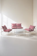 Luigi - Salon de jardin en aluminium blanc et tissu à rayures blanc et rouge coquelicot avec table basse