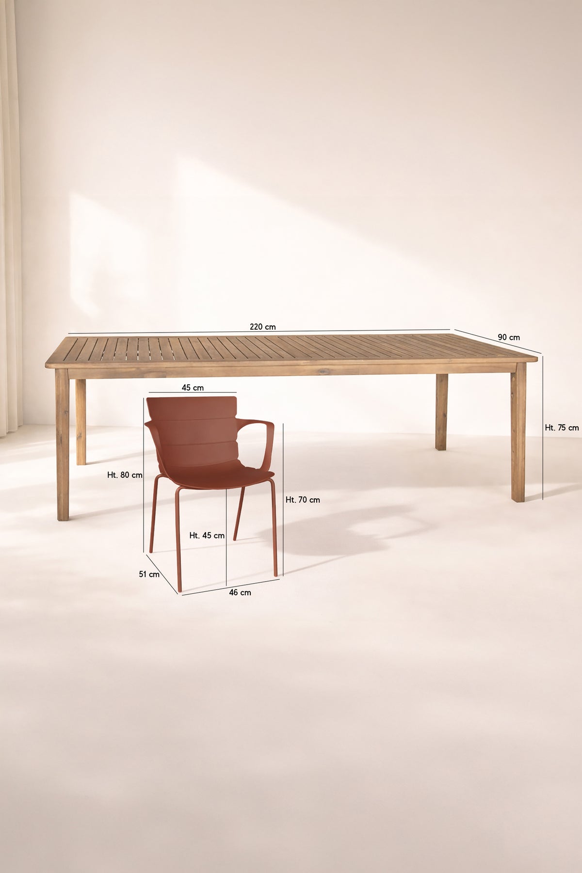 Dimensions Montauk - Ensemble table avec 8 fauteuils en polypropylène brique