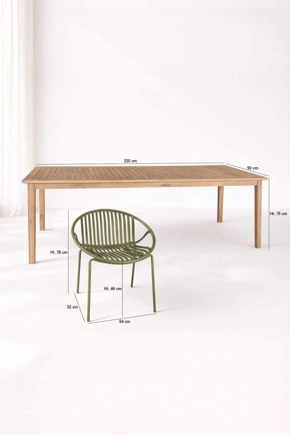 Dimensions Calypso - Ensemble table avec 8 fauteuils en polypropylène vert
