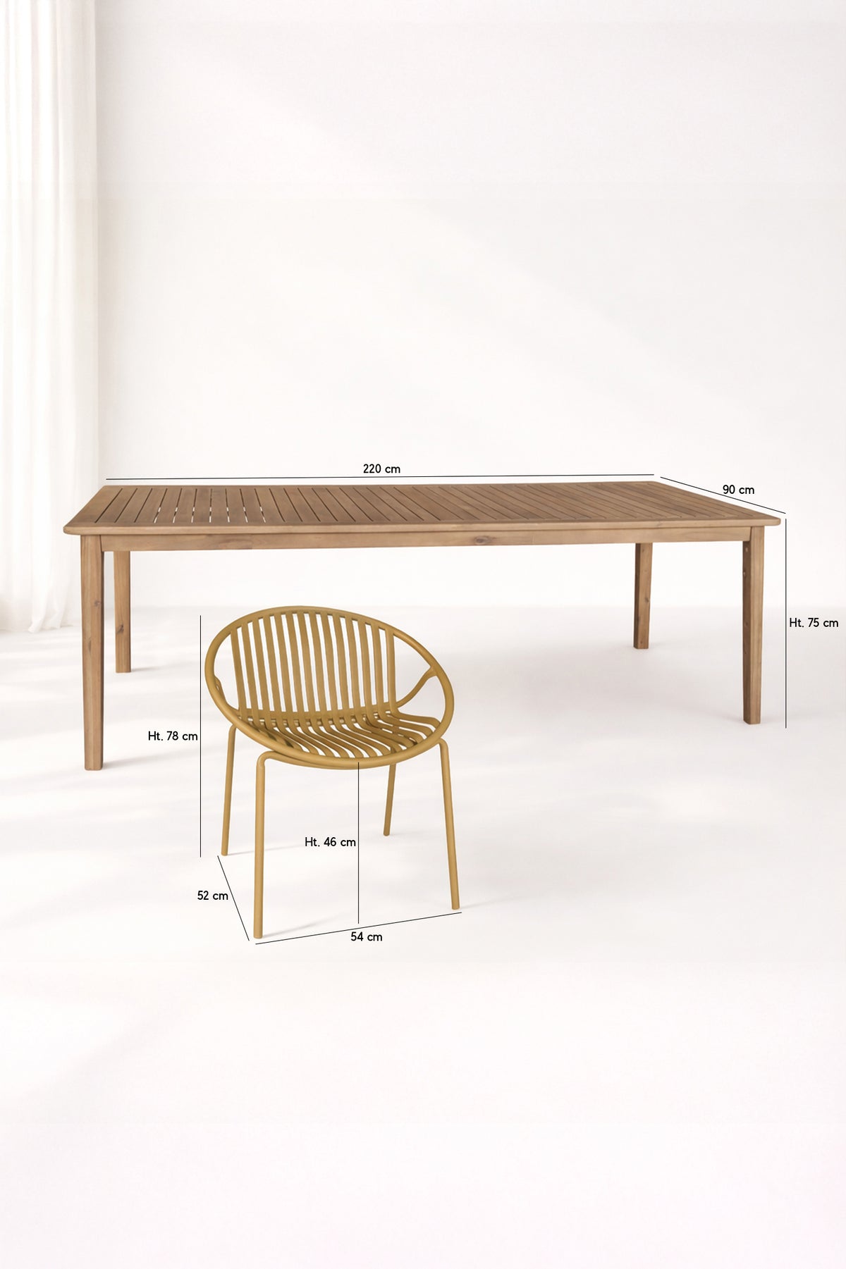 Dimensions Calypso - Ensemble table avec 8 fauteuils en polypropylène ocre
