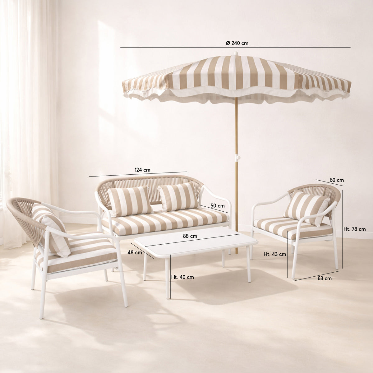Dimensions Positano - Salon de jardin en métal et tissu à rayures blanc et taupe avec table basse et parasol