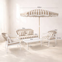Positano - Salon de jardin en métal et tissu à rayures blanc et taupe avec table basse et parasol