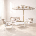 Positano - Salon de jardin en métal et tissu à rayures blanc et taupe avec table basse et parasol