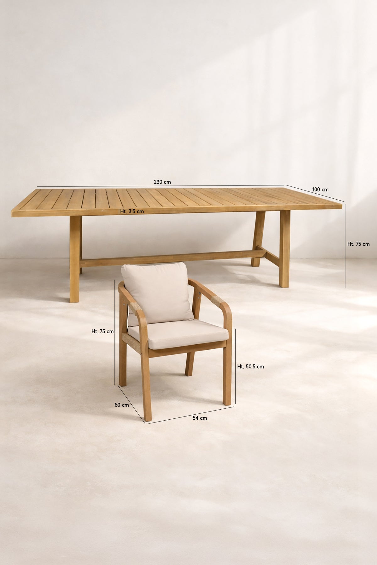 Dimensions Saona : Ensemble table de jardin et 8 fauteuils en bois d'acacia