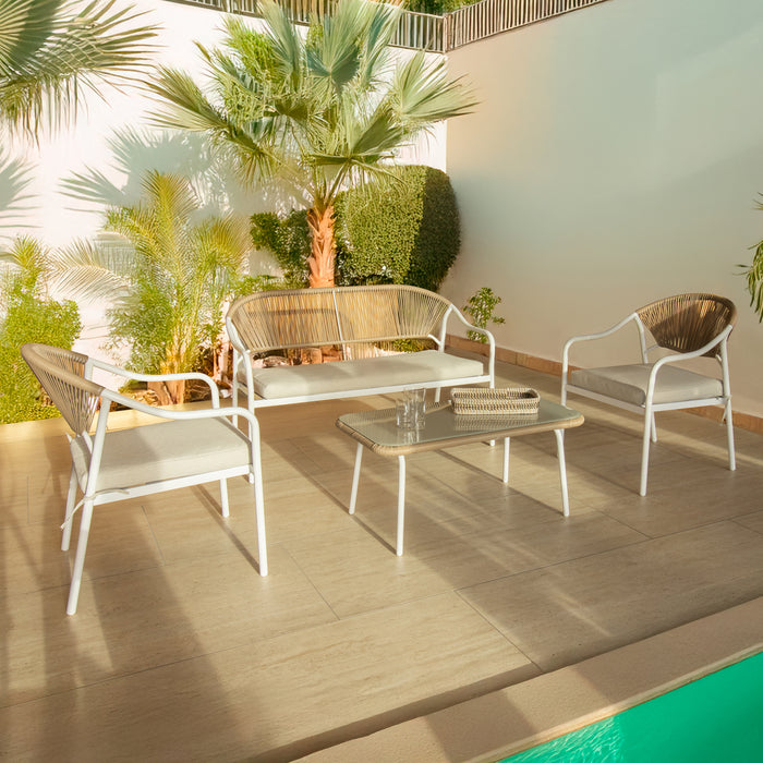 Salon de jardin Santorini en acier et rotin blanc