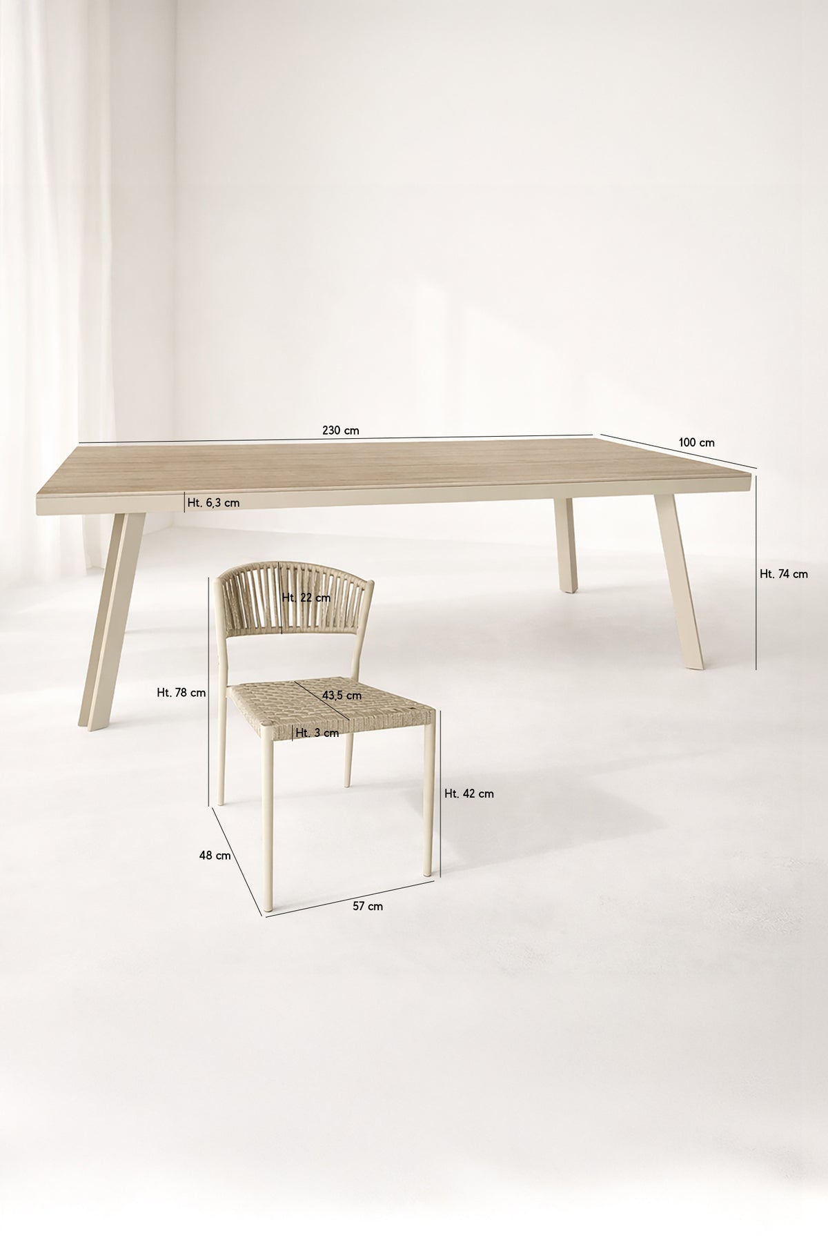 Dimensions Figari - Ensemble table en aluminium 230cm sable et 8 chaises en corde