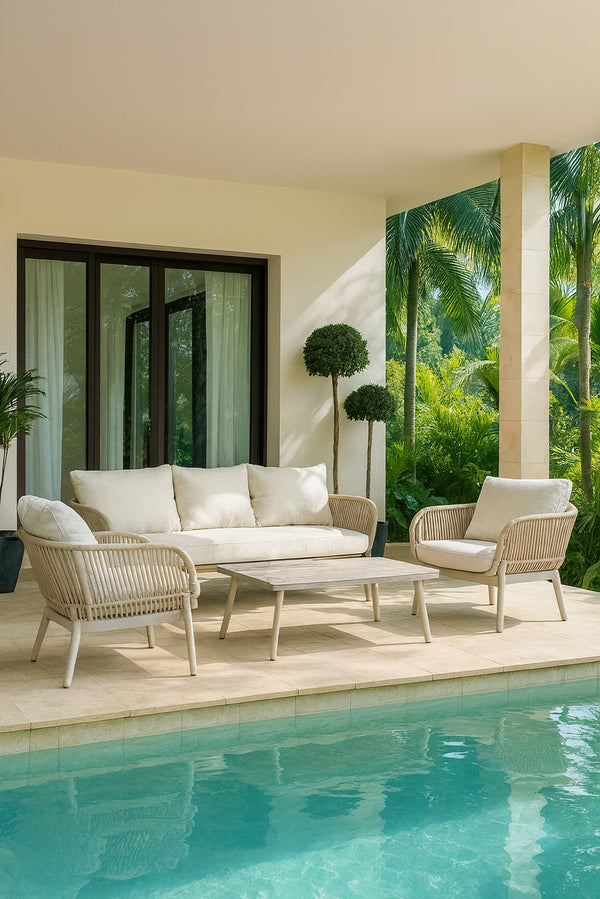 Figari - Salon de jardin 5 places en aluminium sable avec table basse
