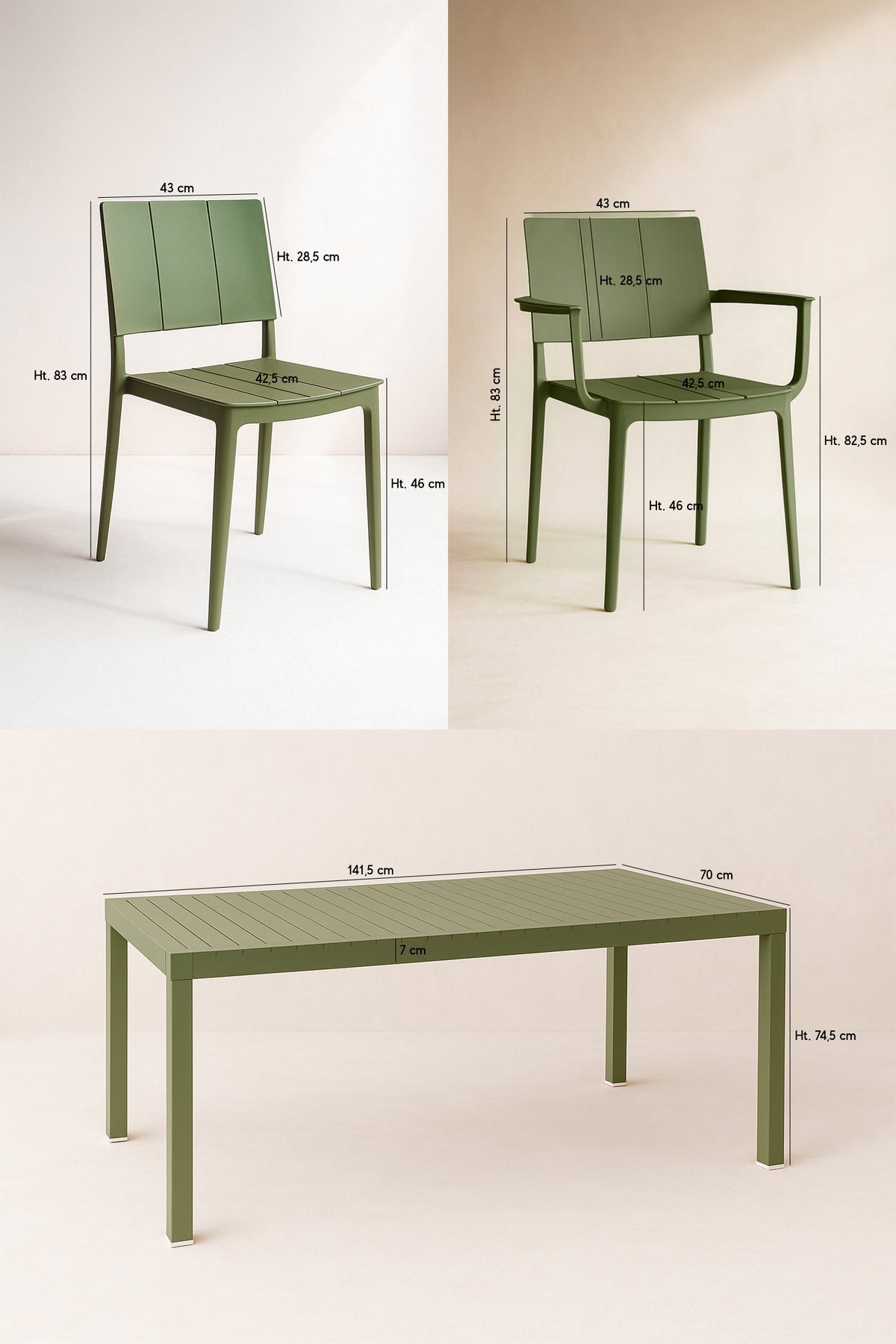 Dimensions Patio - Ensemble table avec 4 chaises et 2 fauteuils en polypropylène vert