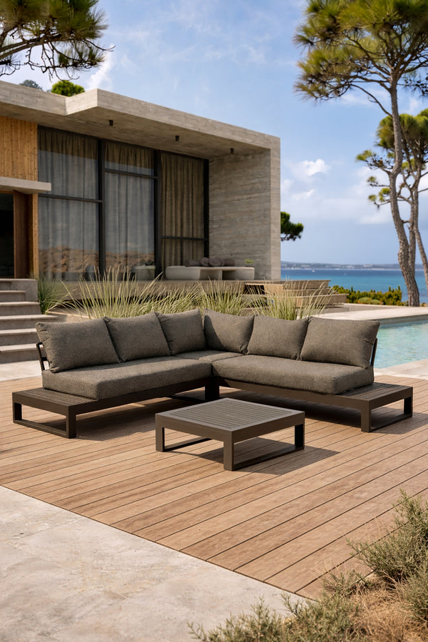 Madrague - Salon de jardin d'angle en aluminium et polywood couleur moka