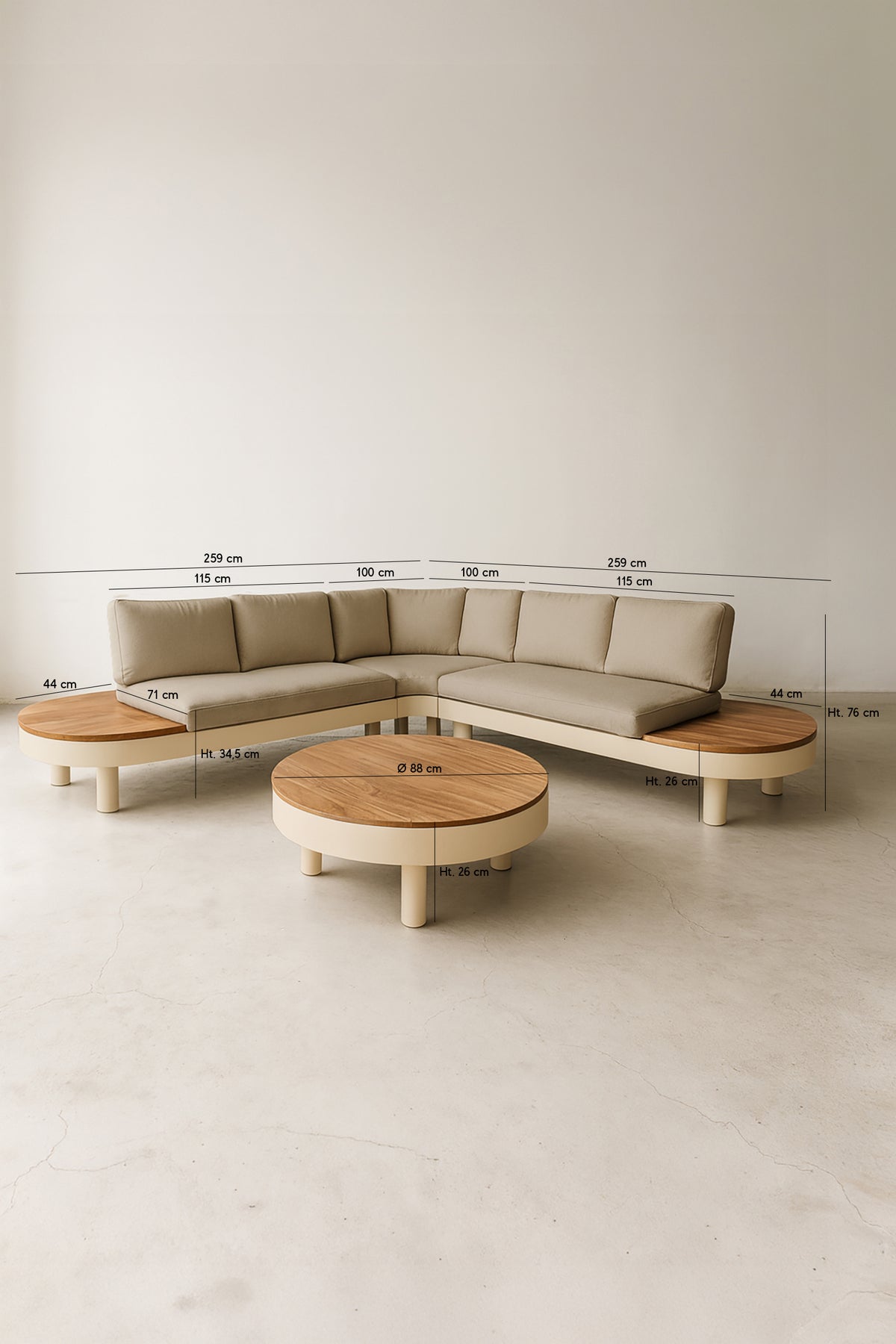 Dimensions Panama - Salon de jardin d’angle en aluminium couleur sable et bois d'acacia