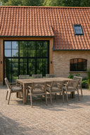 Eden -  Ensemble table 230cm avec 8 fauteuils de table en bois d'acacia, tissu et corde