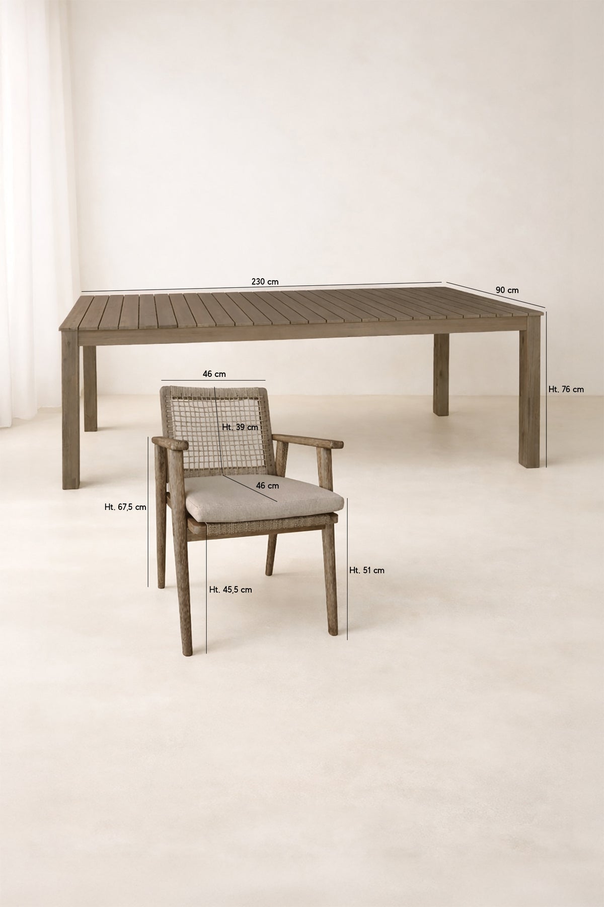 Dimensions Eden -  Ensemble table 230cm avec 8 fauteuils de table en bois d'acacia, tissu et corde