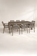 Eden -  Ensemble table 230cm avec 8 fauteuils de table en bois d'acacia, tissu et corde