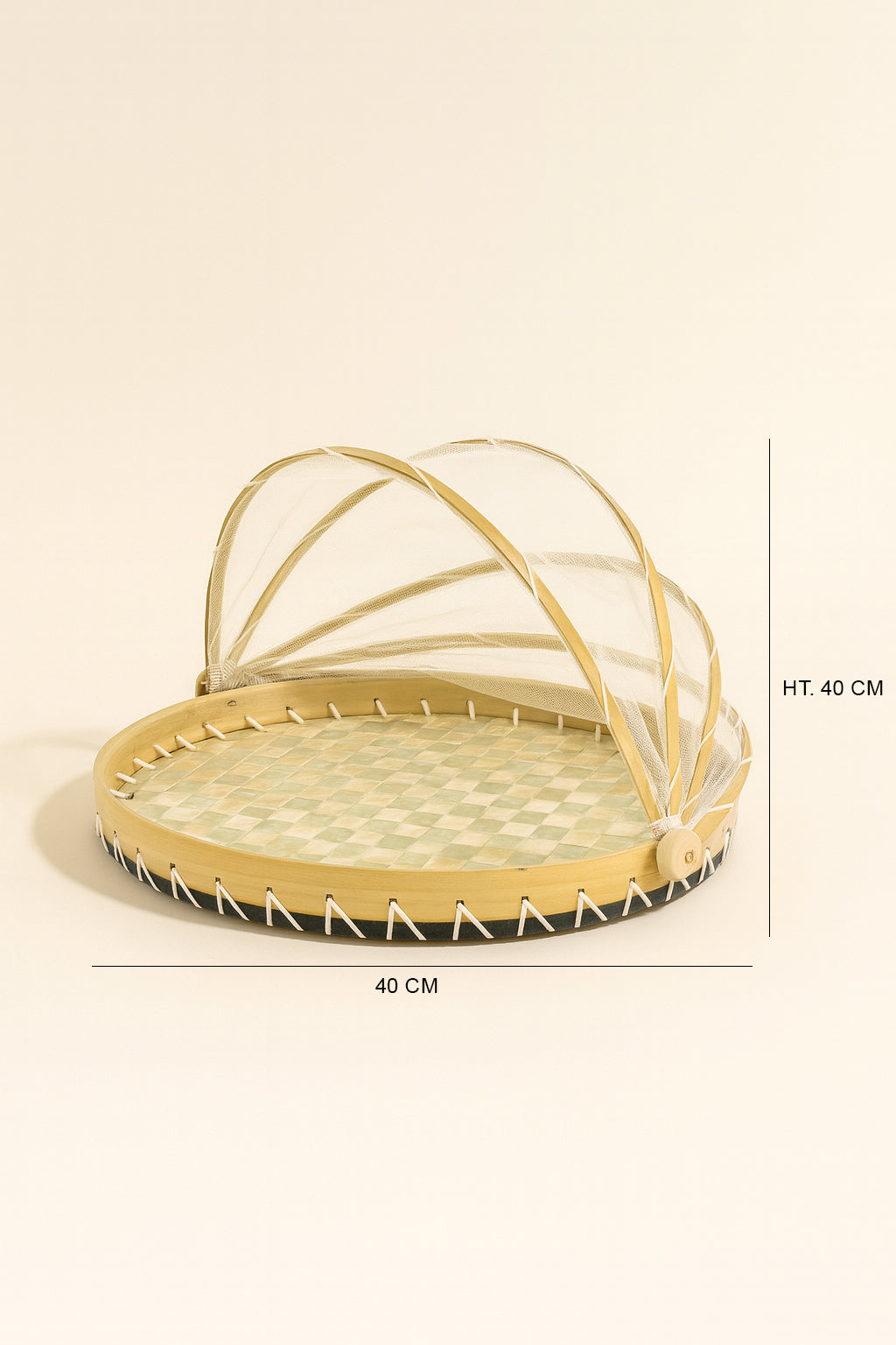 Dimensions Zina - Plateau rond avec cloche en coquilles de Capiz nacré verte et bambou naturel