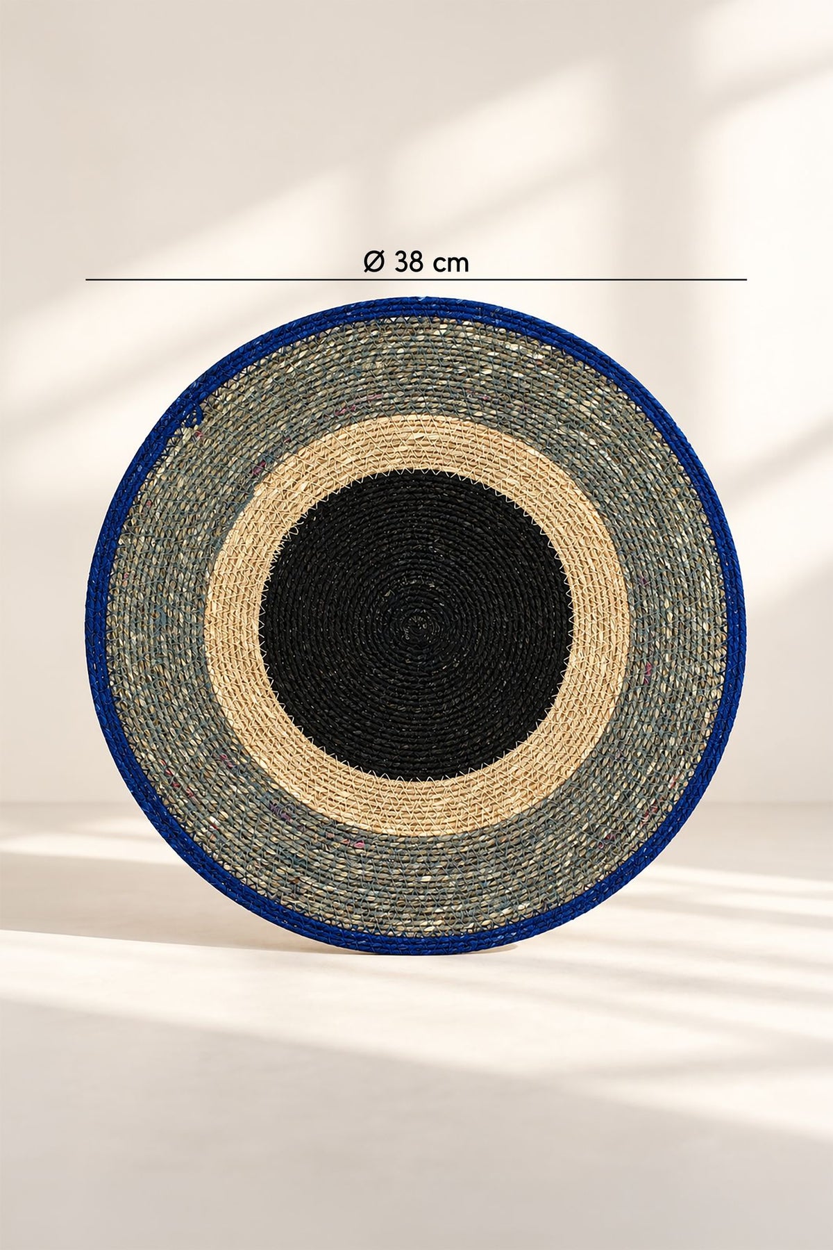 Dimensions LUNA - Set de table rond en jonc de mer 38cm bleu
