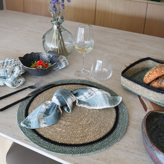 Lot de 6 sets de table Iris en jonc de mer naturel et vert D38 cm