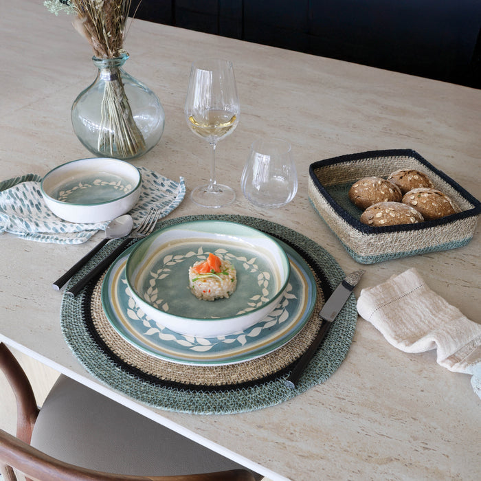 Lot de 6 sets de table Iris en jonc de mer naturel et vert D38 cm