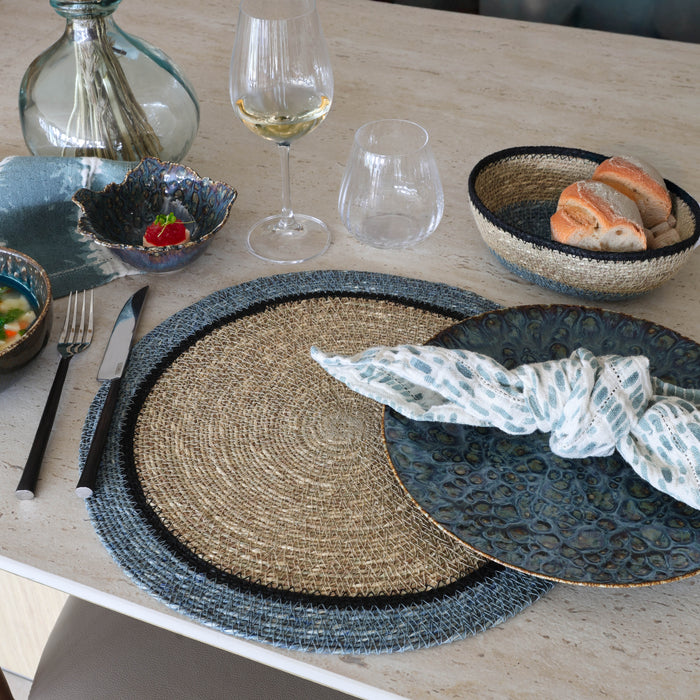 Lot de 6 sets de table Iris en jonc de mer naturel et bleu D38 cm
