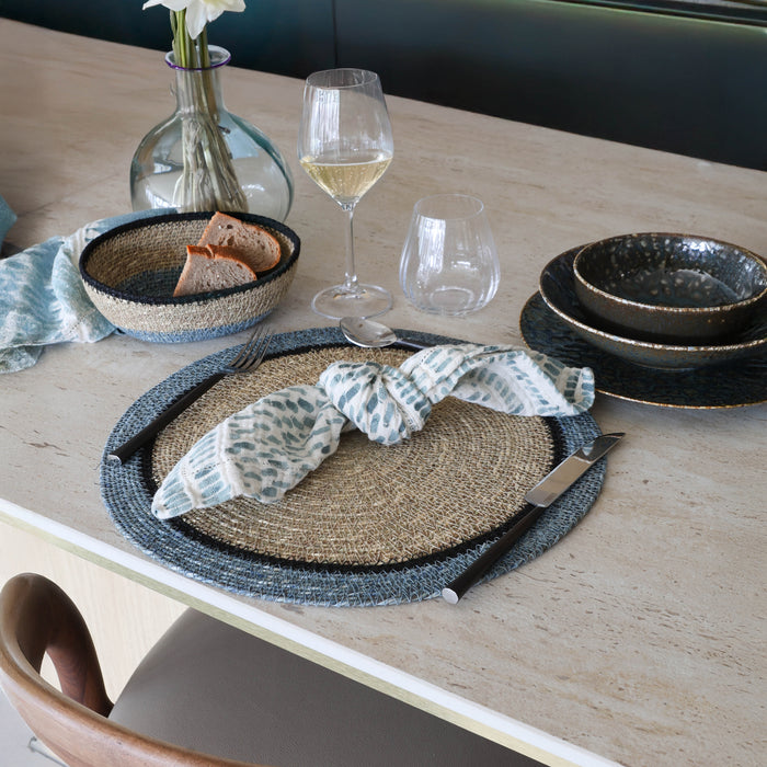 Lot de 6 sets de table Iris en jonc de mer naturel et bleu D38 cm