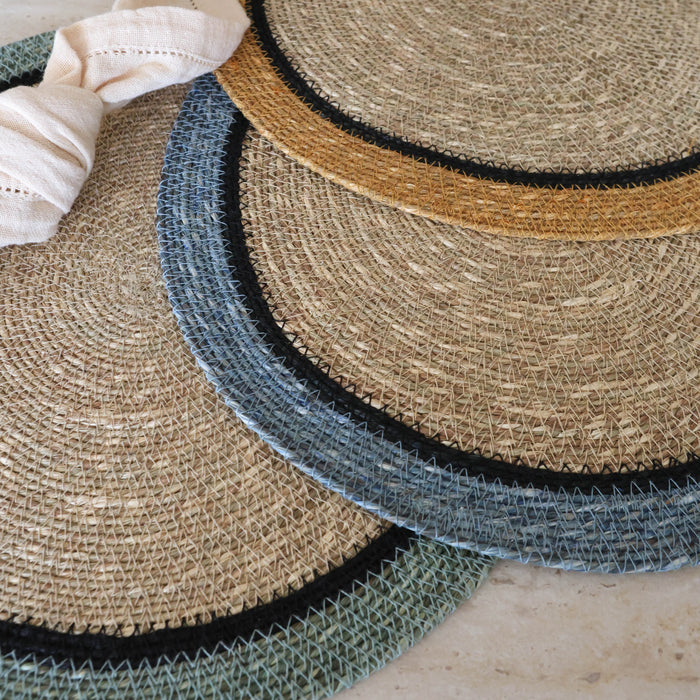 Lot de 6 sets de table Iris en jonc de mer naturel et bleu D38 cm