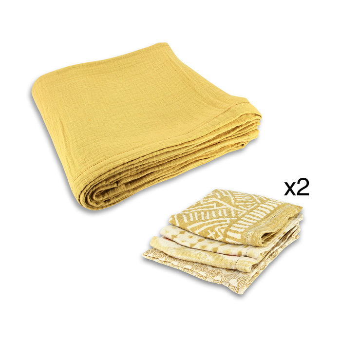 Ensemble nappe et serviettes Camaro en gaze de coton lavé jaune