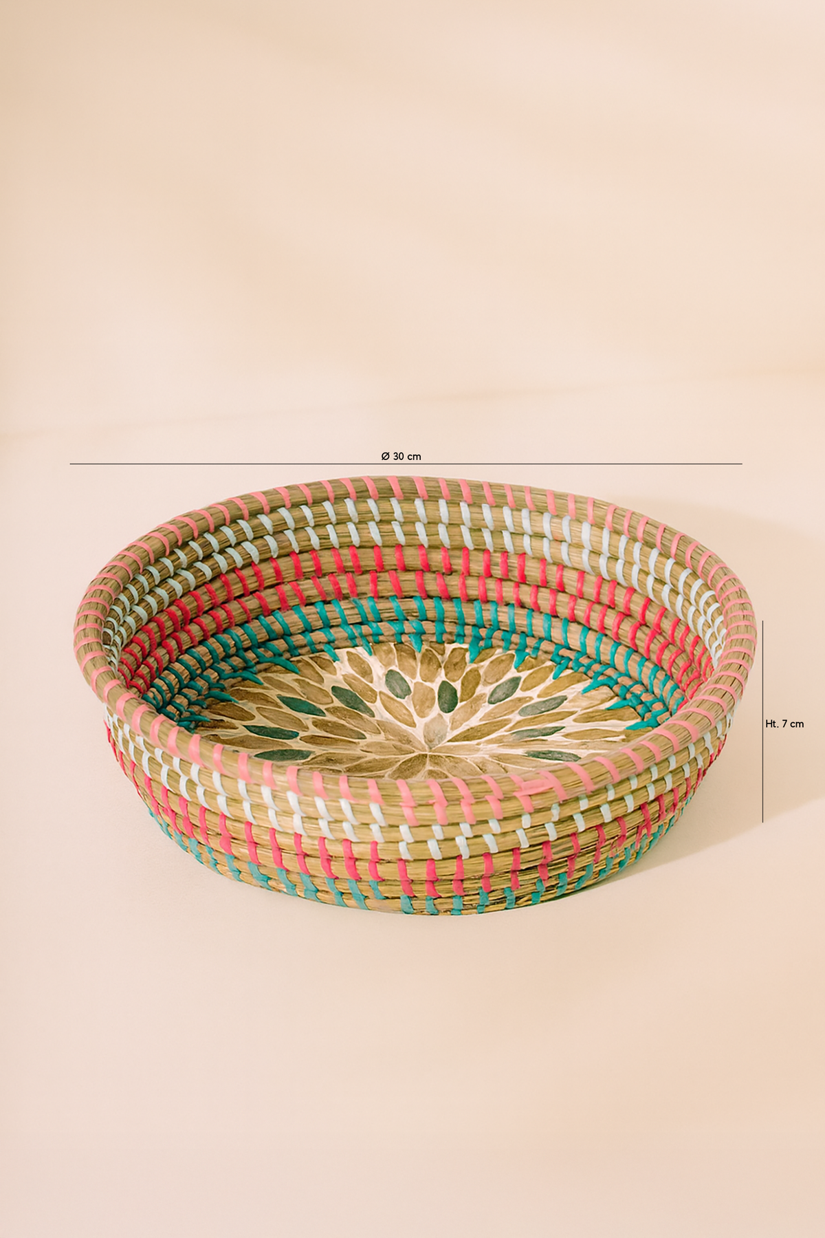 Dimensions Paros - Plateau rond en jonc de mer et nacre D30xH7 cm