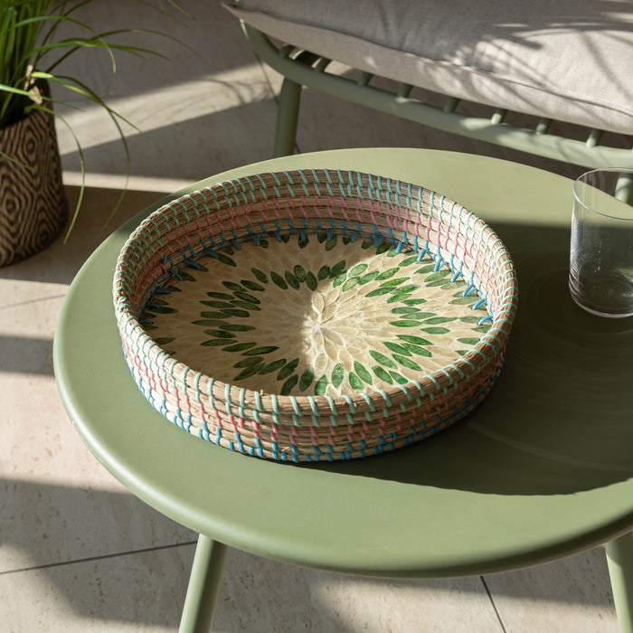 Plateau rond Paros en jonc de mer et nacre D33xH6 cm
